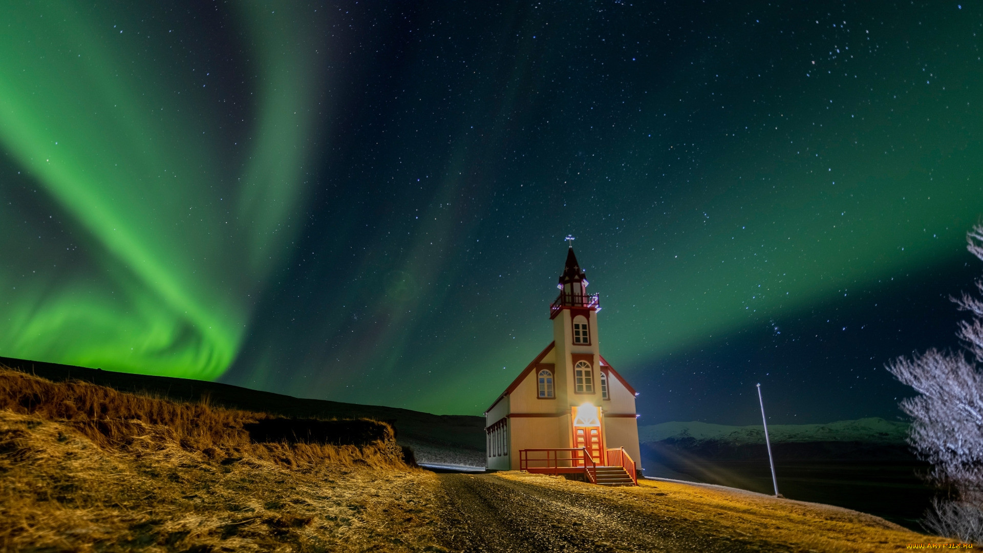 northern lights over a church, iceland, , -  ,  ,  , northern, lights, over, a, church